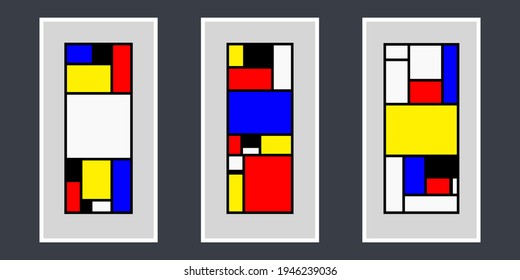 Set Of Three Mondrian Stlye Abstract Backgrounds, Colorful. Perfect For Poster, Wall Decor. Vector Illustrations	