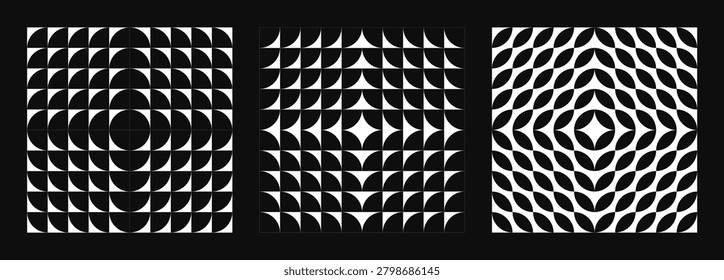 Set of three monochrome abstract patterns featuring dynamic geometric shapes. Transition blend effect of bold shape creating optical illusions and visual movement. Modern shapes in retro aesthetic