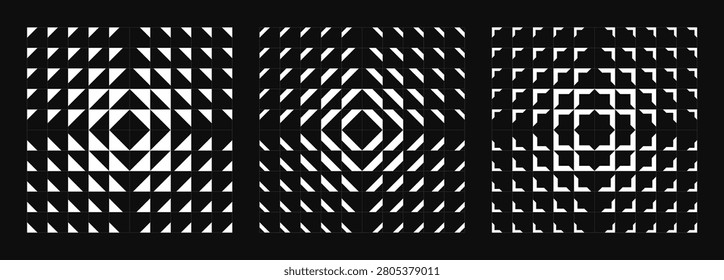 Set of three monochrome abstract patterns featuring dynamic geometric shapes. Transition blend effect from bold to thin creating optical illusions and visual movement. Modern shapes in retro aesthetic