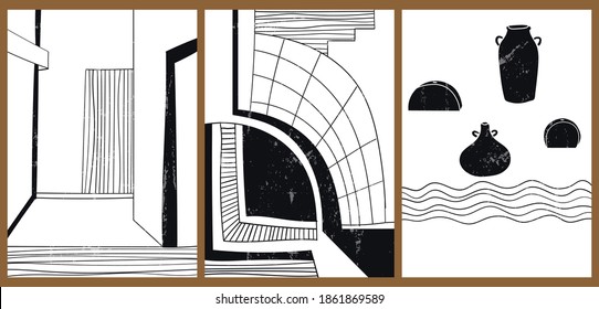 A set of three monochrome aesthetic backgrounds with grunge texture. Minimalistic posters for social media, web design. Vintage sketch illustrations with architecture, vases, lines, doodles.
