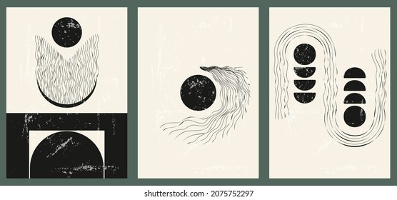 A set of three monochrome aesthetic geometric backgrounds. Minimalist social media posters, cover designs, web, home decor. Vintage graphic illustrations with shapes, curves, lines, rectangles.
