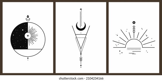 Satz von drei monochromen ästhetischen geometrischen harmonischen Vintage-Hintergründen mit Elementen des Sonnensystems. Astrologie und Esoterie. Poster im Stil der Mitte des Jahrhunderts mit dünnen Linien, Sonne, Stern, Streifen und Punkten.