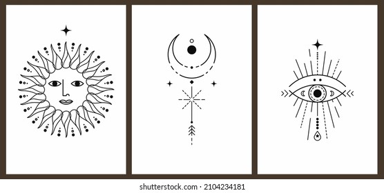 Set of three monochrome aesthetic geometric harmonious vintage backgrounds with solar system elements. Astrology and esoterics. Mid-century style poster with thin lines, sun, star, stripes and dots.