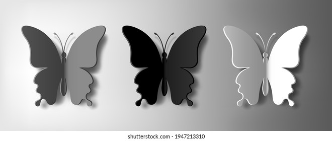 Set of three monochrome paper butterflies with vector shadow. Silhouette of a butterfly is perfect for stickers, icons, greeting cards and gift certificates
