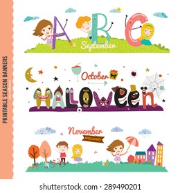 Set of Three Monthly Seasonally Vector Banners in a Cute and Character Style for Posters, Flyers, Web or other Graphic Designs. Summer, Autumn, Winter, Spring Season. Nature Outdoor Backgrounds