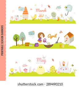 Set of Three Monthly Seasonally Vector Banners in a Cute and Character Style for Posters, Flyers, Web or other Graphic Designs. Summer, Autumn, Winter, Spring Season. Nature Outdoor Backgrounds