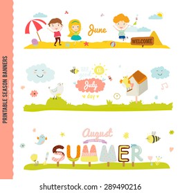 Set of Three Monthly Seasonally Vector Banners in a Cute and Character Style for Posters, Flyers, Web or other Graphic Designs. Summer, Autumn, Winter, Spring Season. Nature Outdoor Backgrounds