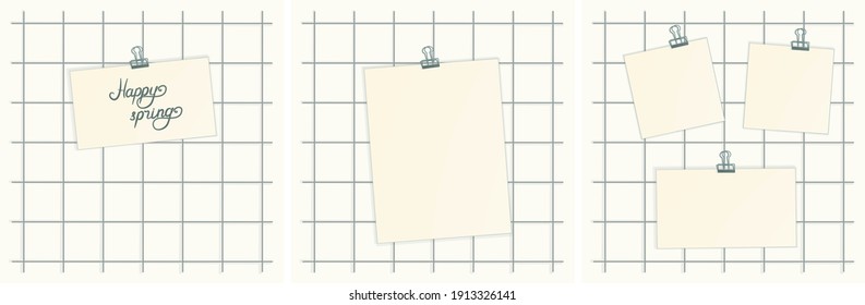 Set of three Mood boards on white wall with one or three mockup pieces of paper of different sizes and binders for planning, education, inspiration or memories. Happy spring text on card is an example