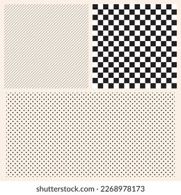 Conjunto de tres orígenes más populares sin costuras: puntos de polka, comprobaciones y líneas diagonales.