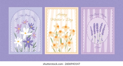 Set of three Mother's Day cards with hand drawn spring flowers including crocuses, daffodils, lavender. Decorative floral greeting card templates on pastel background for posters, covers, celebration