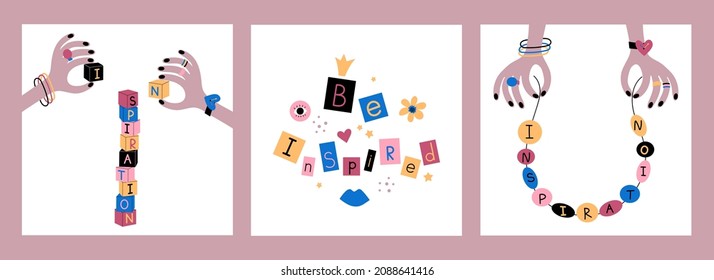 Set with three motivational illustrations, Inspirational concept. Hands holding beads, building tower of cubes with the word Inspiration, Quote Be inspired from colored letters and doodle elements.