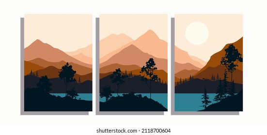 Set of three mountain panoramic background, with hill, tree, pine tree, lake, sun and other element. Suitable for background, poster, cover, flyer, wall art, home decor and other template.