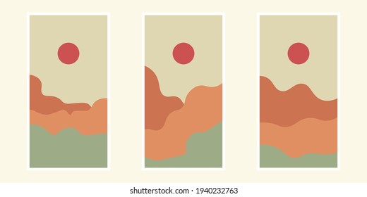Set of three mountains abstract backgrounds, Boho posters. Hand drawn various shapes and doodle objects. Contemporary modern trendy Vector illustrations.