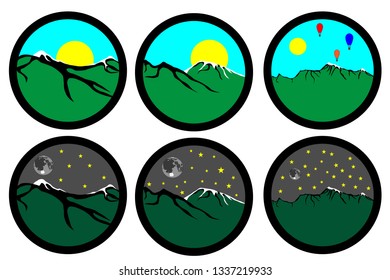 Set of three mountains day and night, aerostat, vector on white background