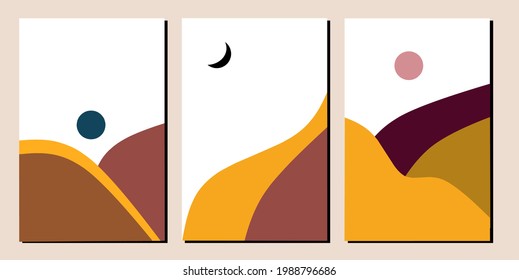 Tres montañas, luna y sol de arte de boho en la pared. Decoración de las paredes de Bohomian. Decoración minimalista de las paredes escandinavas. Tarjetas, invitación, antecedentes, fondos de escritorio, afiche, medios sociales.