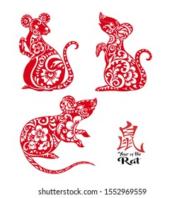 Set of three mouse, rat. Element for design. Vector illustration in decorative style. Chinese hieroglyph means year of the rat.