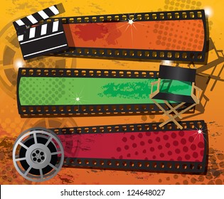 Set of three movie banners on grungy background with place for text, vector