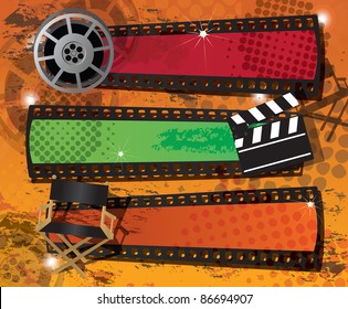 Set of three movie banners on grungy background with place for text, vector