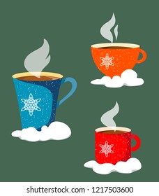 A set of three mugs standing in the snow, mugs with snowflakes and texture of snow.