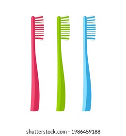 conjunto de tres cepillos de dientes multicolores, sujetos a higiene de la cavidad oral, limpieza dental, ilustración vectorial aislada en fondo blanco
