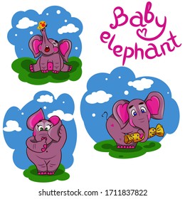 
Set of three multicolor vector character of baby elephant on green grass with pink freehand lettering. For children's printed and textile products.