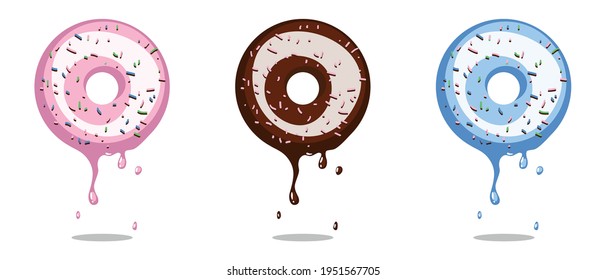 A set of three multicolored donuts for a banner. Donuts with glittering glaze. Flat illustration with bright circles