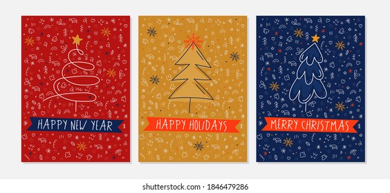 A set of three multi-colored doodle Christmas cards with stylized sketches of a Christmas tree. Christmas and New Year postcards. Hand Drawn style. Flat doodle holiday postcards template