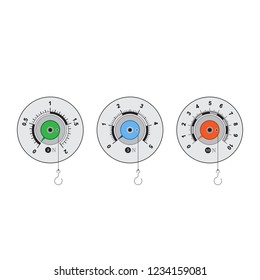 Set of three multi-colored dynamometers with different scales on a white background