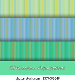 Set of three multicolored seamless stripes patterns. Primary colors are green, blue and yellow. Great for decorating fabrics, textiles, gift wrapping design, any printed materials and advertising.