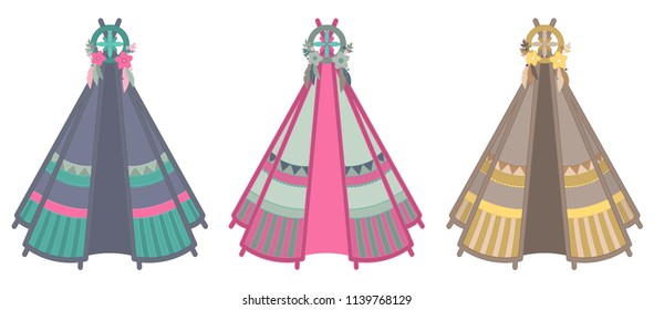 Set of three multicolored teepee illustrations isolated on white background