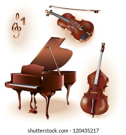 Set of three musical instruments - grand piano, violin and contrabass.