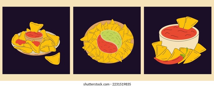 Set of three Nachos and chili pepper salsa vector isolated icon. Mexico nachos chips fast food snack