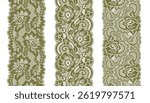 Set of three narrow grass green lace trims with large floral pattern, oppositely arranged.	