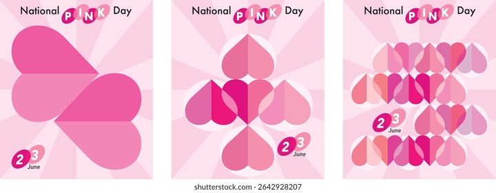 Set of three national pink day for greeting cards, posters and holiday covers. Design in many heart shape icon and shades of pink in modern minimalist style with word national pink day and 23 June.
