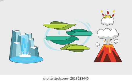 Set of three natural element cartoon illustrations representing waterfall floating sky islands and active erupting volcano.