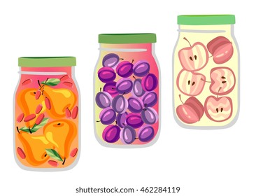 Set of three natural fruit jam jars. Pear, plum and apple marmalade isolated on white. Vector illustration. Transparent cans.