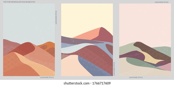 Set of three natural minimalist backgrounds. Hand-drawn illustrations with japanese geometric pattern for  for wall decoration, postcard or brochure, cover design, stories, social media, app design.