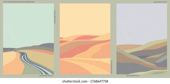 Set of three natural minimalist backgrounds. Hand-drawn illustrations with japanese geometric pattern for  for wall decoration, postcard or brochure, cover design, stories, social media, app design.