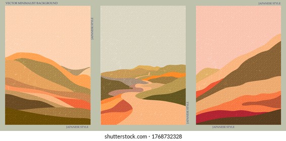 Set of three natural minimalist backgrounds. Hand-drawn illustrations with japanese geometric pattern for  for wall decoration, postcard or brochure, cover design, stories, social media, app design.