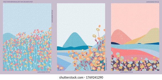 Set of three natural minimalist backgrounds. Hand-drawn illustrations with japanese geometric pattern for  for wall decoration, postcard or brochure, cover design, stories, social media, app design.