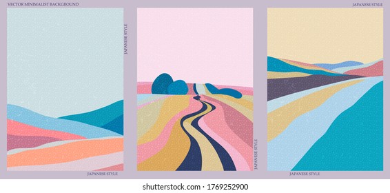 Set of three natural minimalist backgrounds. Hand-drawn illustrations with japanese geometric pattern for  for wall decoration, postcard or brochure, cover design, stories, social media, app design.