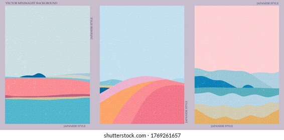 Set of three natural minimalist backgrounds. Hand-drawn illustrations with japanese geometric pattern for  for wall decoration, postcard or brochure, cover design, stories, social media, app design.