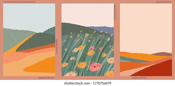 Set of three natural minimalist backgrounds. Hand-drawn illustrations with japanese geometric pattern for  for wall decoration, postcard or brochure, cover design, stories, social media, app design.