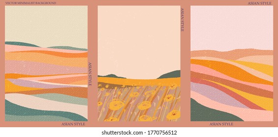 Set of three natural minimalist backgrounds. Hand-drawn illustrations with japanese geometric pattern for  for wall decoration, postcard or brochure, cover design, stories, social media, app design.