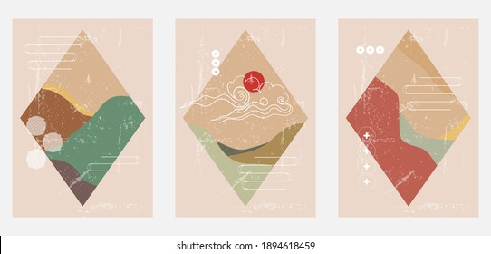Conjunto de tres ambientes naturales minimalistas. Ilustraciones hechas a mano con el patrón geométrico japonés para la decoración de paredes, postal o folleto, diseño de portadas, historias, medios sociales, diseño de aplicaciones.