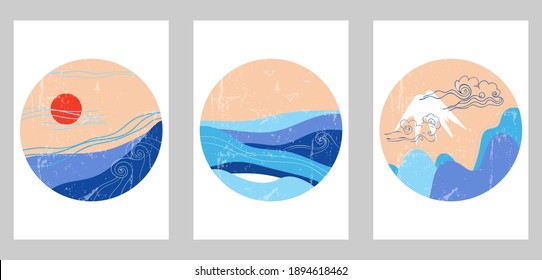 Conjunto de tres ambientes naturales minimalistas. Ilustraciones hechas a mano con el patrón geométrico japonés para la decoración de paredes, postal o folleto, diseño de portadas, historias, medios sociales, diseño de aplicaciones.