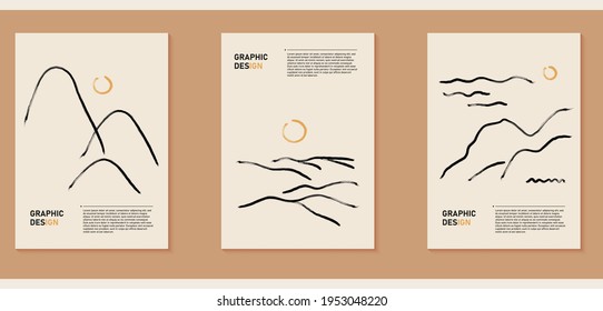 Set of three natural minimalist backgrounds. Hand-drawn illustrations with mountain and sea landscape for  for wall decoration, postcard or brochure, cover design, stories, social media, app design.