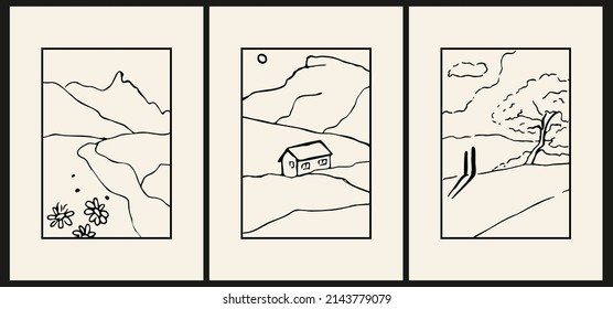 A set of three natural minimalist backgrounds. Hand drawn linear landscape illustrations for wall decoration, postcards or brochures, cover design, stories, social media, app design.