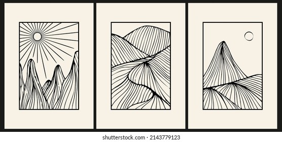 A set of three natural minimalist backgrounds. Hand drawn linear landscape illustrations for wall decoration, postcards or brochures, cover design, stories, social media, app design.