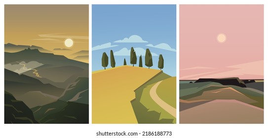 A set of three natural minimalist backgrounds. Hand drawn illustrations with mountains, sun, fields, trees for wall decoration, card or brochure, cover design, stories, social media, app design.